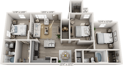 Floor plan for 3 beds, 2 baths, 1249 sqft